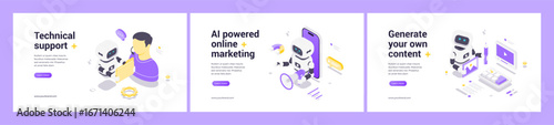 Isometric banners featuring AI robots illustrating technical support collaboration, automated online marketing with customer attraction, and creative content generation for digital solutions.