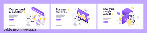 Isometric vector set featuring AI robots for personal task management, business data analysis, and secure financial savings with advanced automation and technology.