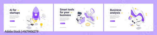 Isometric illustrations featuring AI-driven startup innovation, smart business tools, and data analysis supporting strategic decisions and growth in modern digital environments.