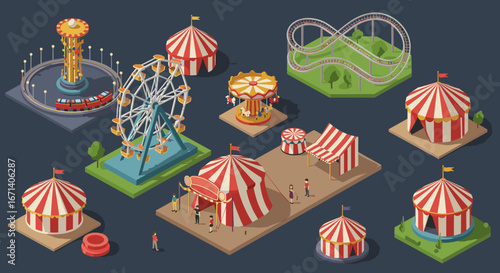 Isometric carnival scene with ferris wheel and tents on dark background