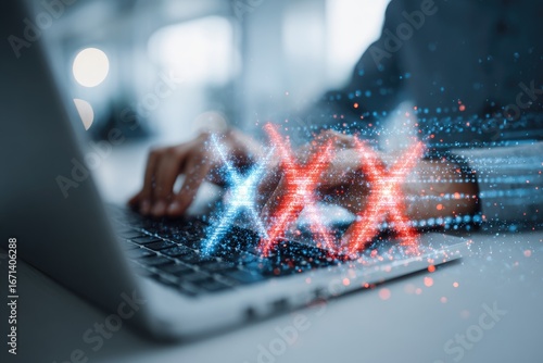 Hands typing on laptop, overlaid with red and blue X's