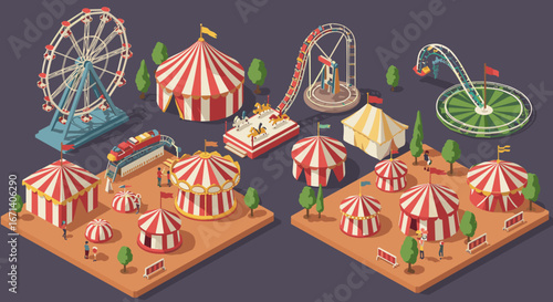 Vibrant isometric carnival scene with tents, ferris wheel, and roller coaster