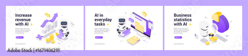 Isometric illustrations of AI-driven revenue growth, task automation, and business data analysis featuring robots, charts, coins, and digital technology in modern online environments.