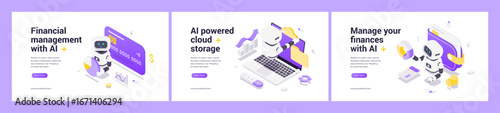 Isometric vector set featuring AI robots managing finances with banking, cloud storage, and automated budgeting tools for modern digital financial solutions and data handling.