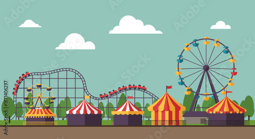 Colorful amusement park scene with ferris wheel and roller coaster in motion