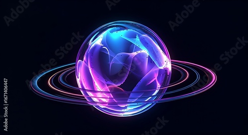 Abstract Digital Art Glowing Orb with Swirling Energy and Rings in Neon Colors
