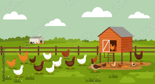 Chickens and coop in countryside landscape with rolling hills and clouds