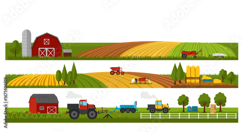 Agricultural landscape with fields, barns, and farm machinery in flat design