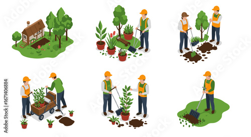 Isometric garden workers engaged in landscaping and plant care activities