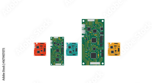 Colorful set of electronic circuit boards with microchips for technology design