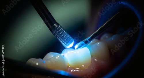 Close-up of a dental procedure where a dentist uses a blue curing light to harden dental composite material on a tooth.