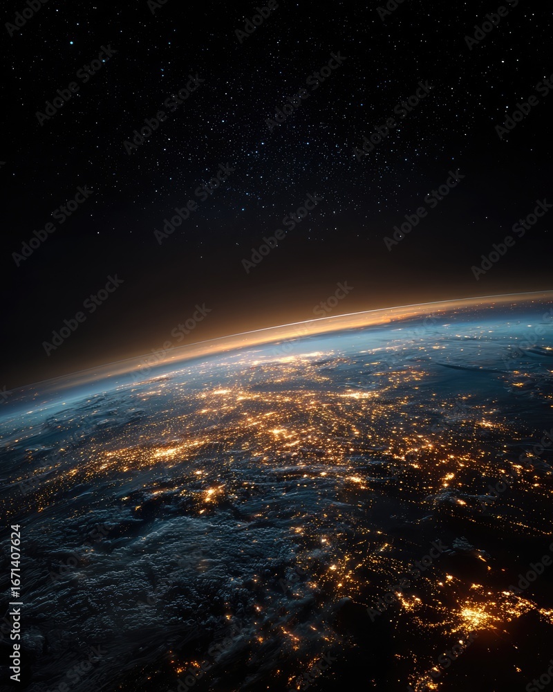 Fototapeta premium Night Earth, city lights, space view, sunrise, background stars, travel poster