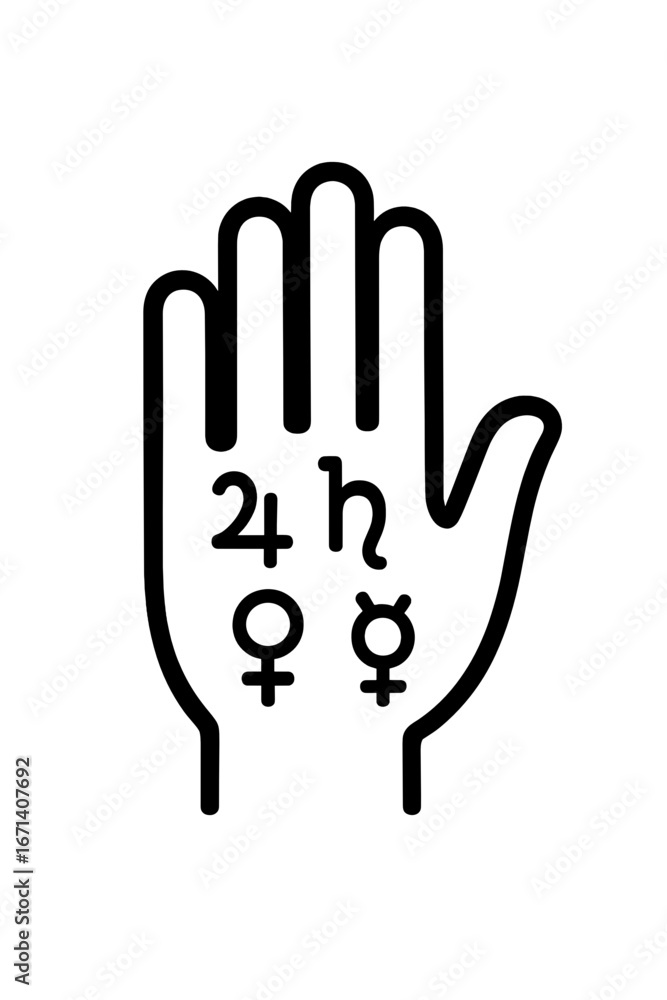 Obraz premium Palm icon with astrological planetary symbols, outline illustration representing palmistry, astrology, and mysticism