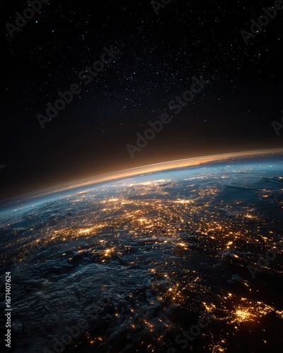 Night Earth, city lights, space view, sunrise, background stars, travel poster