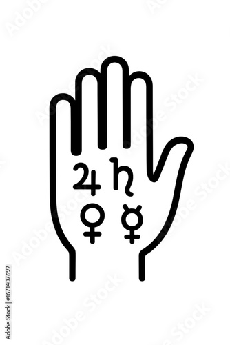 Palm icon with astrological planetary symbols, outline illustration representing palmistry, astrology, and mysticism
