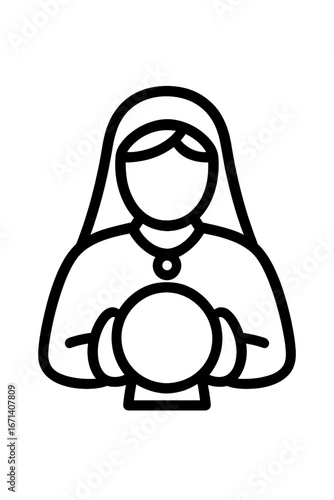 Outline icon of fortune teller woman holding crystal ball, mystical divination and psychic reading symbol
