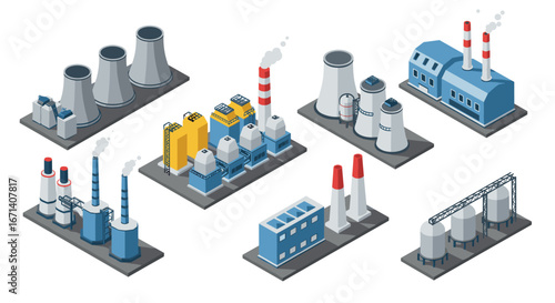 Isometric industrial buildings set with factories, plants, and infrastructure