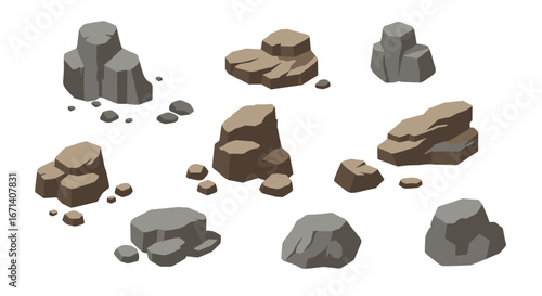 Collection of natural rock formations on white background
