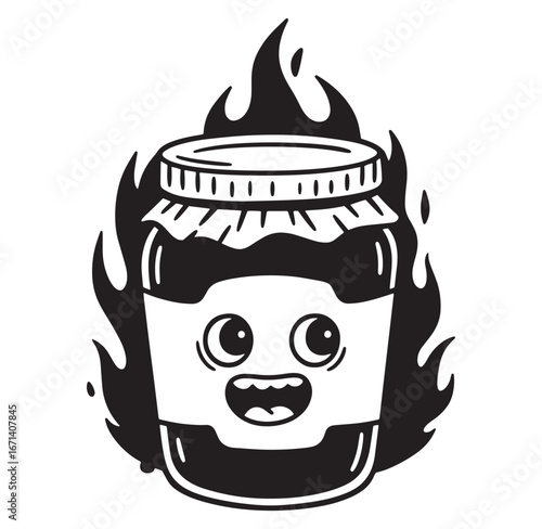 A fun and flaming cartoon jar of jam with a cheerful expressive face character