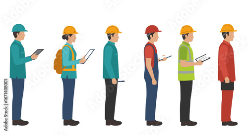Diverse industrial workers: side view of professionals in safety gear using technology