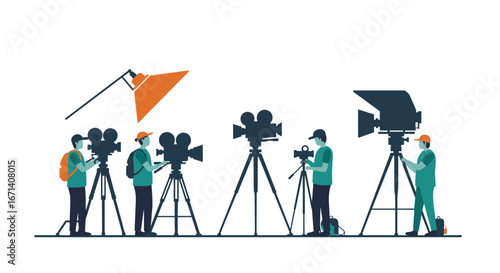 Film crew working with cameras and lighting equipment in professional studio