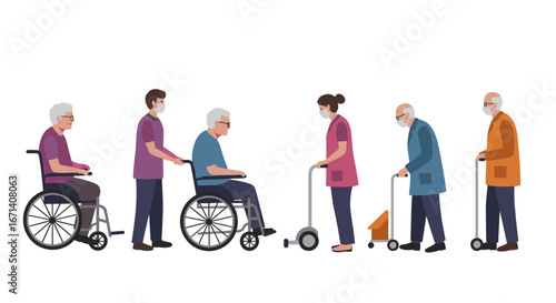 Elderly people in assisted mobility setting wearing masks