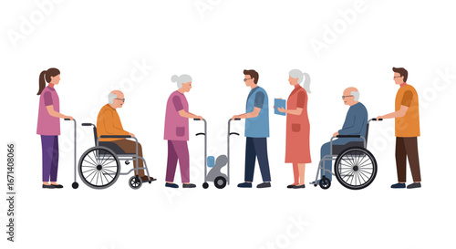 Healthcare professionals assisting elderly with mobility support in flat design