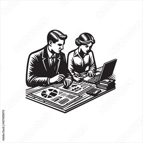 Black and White Illustration of Business Professionals Analyzing Financial Data.