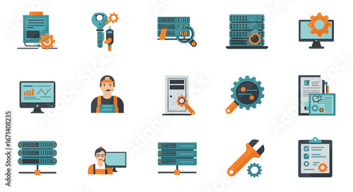 Flat icons of technology and maintenance with computers and tools