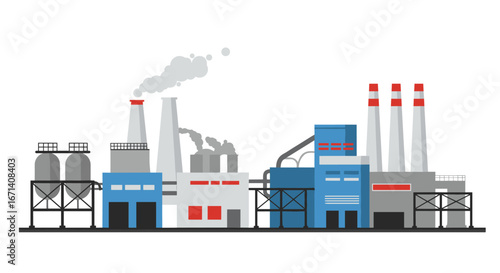 Flat industrial factory landscape with chimneys and storage tanks