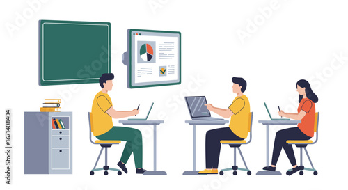 Flat design remote learning: students using laptops and tablets in classroom setting