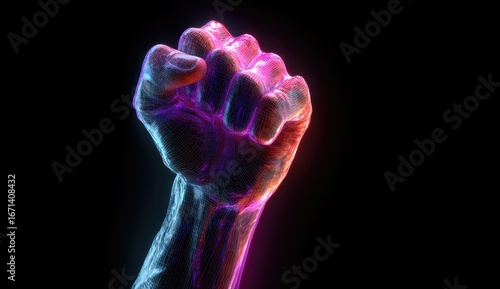 Fist raised, glowing with vibrant neon light