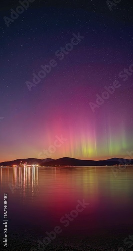 Aurora borealis over calm water at night