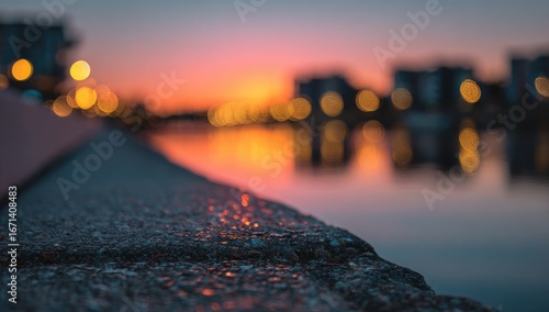 Sunset over city reflected in water