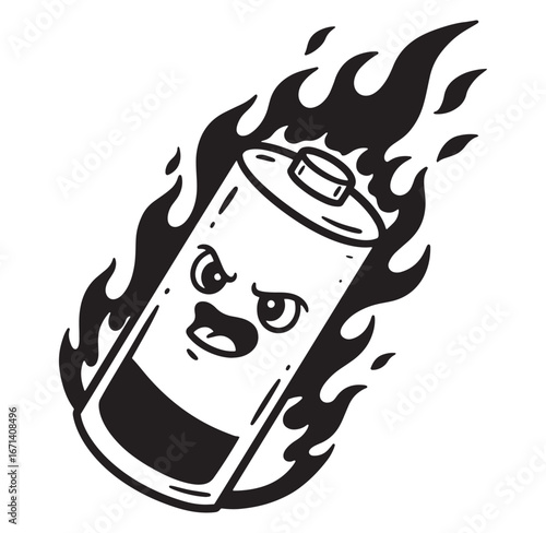 Angry battery with flames vector illustration showing overheating or low power problem