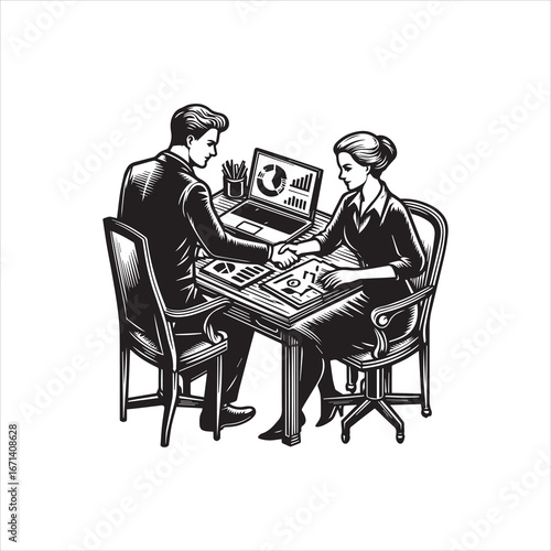 Business handshake illustration with laptop charts and graphs on the table.