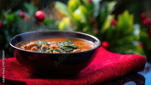 Hearty soup in black bowl, steaming, festive background