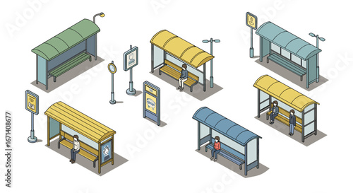 Isometric urban bus stop designs with people in various colorful shelters