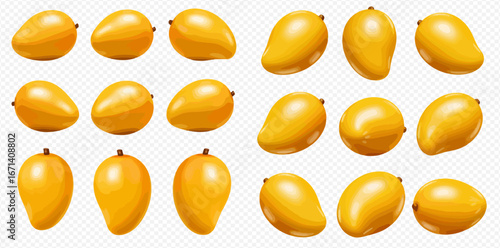 Collection of ripe yellow mangoes, various angles, isolated on white background.