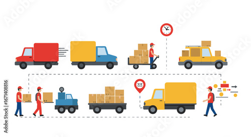 Delivery process and logistics workflow with delivery trucks and workers