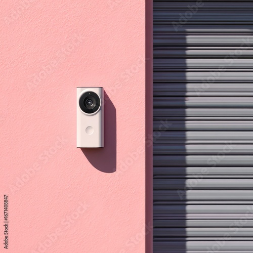 Small, light-beige security camera mounted on a pastel-pink wall beside gray metal shutters