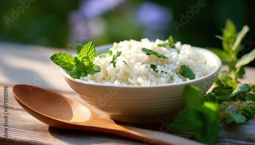 Freshly cooked rice, garnished with mint, in a bowl on a wooden table