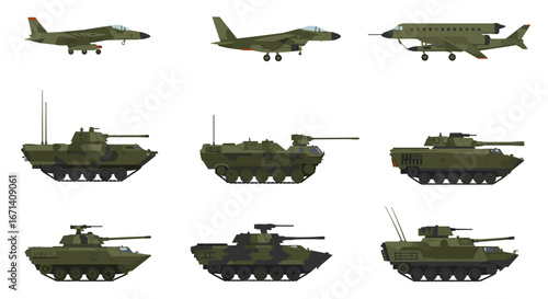 Military aircraft and armored vehicles collection in flat design