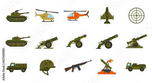 Military equipment icons: tanks, helicopters, and artillery in flat design