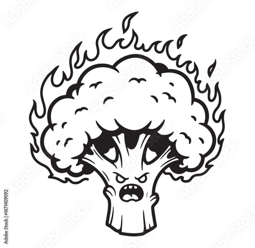 Angry cartoon broccoli with flames character concept black and white illustration art