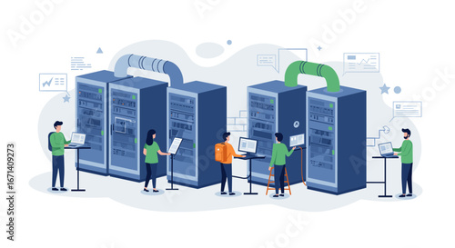 Modern data center operations with engineers managing servers in a flat design