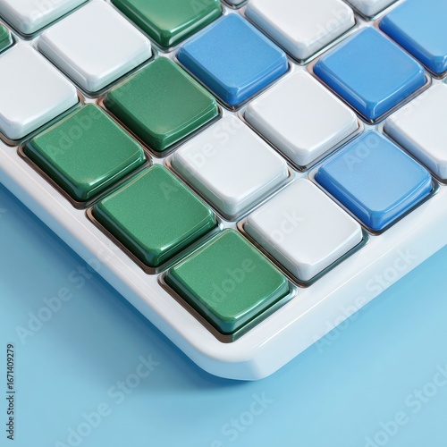 Close-up of a keyboard with white, green, and blue keys