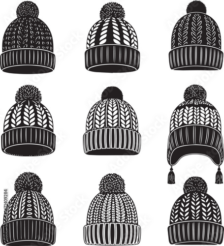  A collection of nine distinct beanie hat designs, featuring various knit patterns