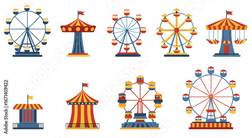 Colorful flat design ferris wheels and carnival rides collection