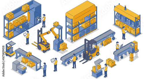 Automated warehouse logistics with robot workers and conveyor belts in isometric style
